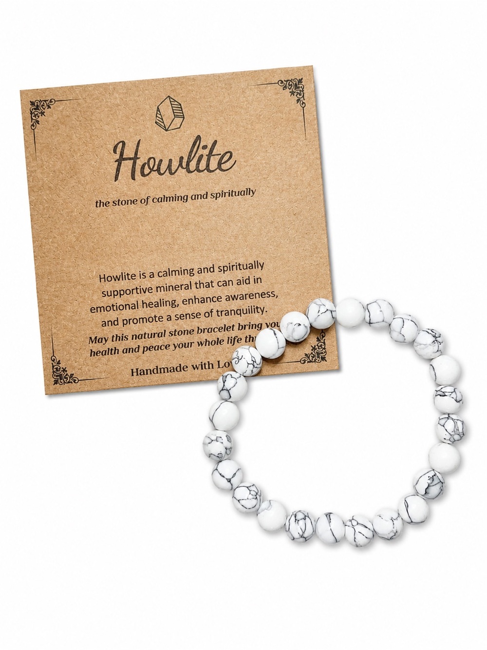 White Howlite Natural Stone Stretch Bracelet with Meaning Card NWT